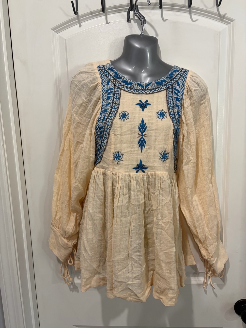 Free People Cream Dress with Blue Embroidery